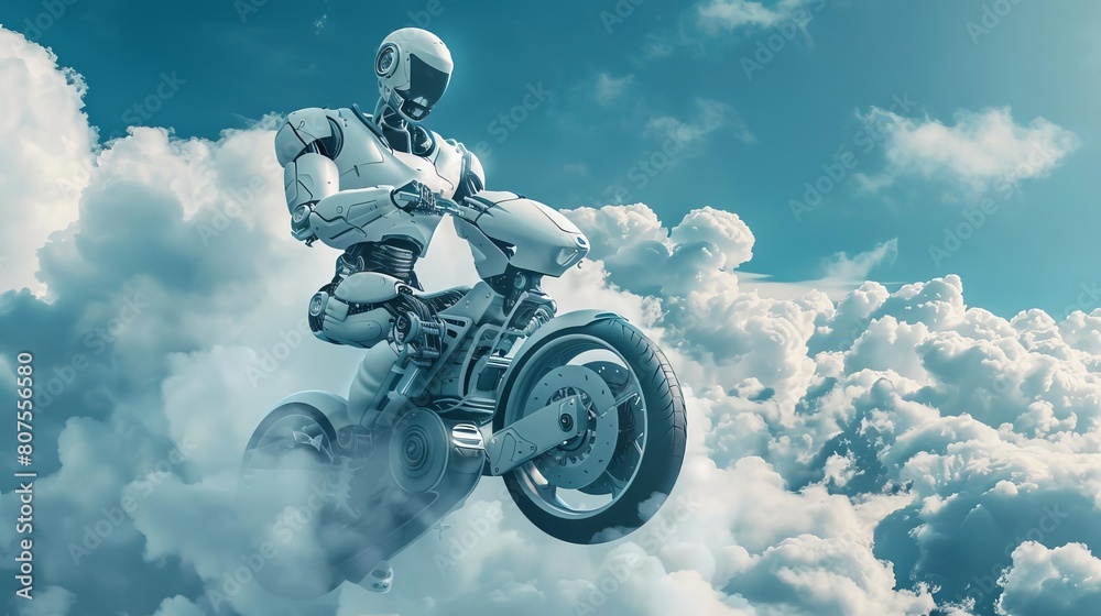 Whimsical representation of a robot riding a futuristic bike through ...