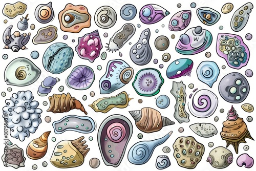 Cartoon cute doodles of microscopic foraminifera building intricate calcium carbonate shells, each with its own unique shape and, Generative AI photo