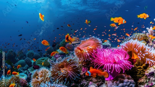 A vibrant coral reef with colorful anemones and tropical fish  showcasing the beauty of marine life in their natural habitat.