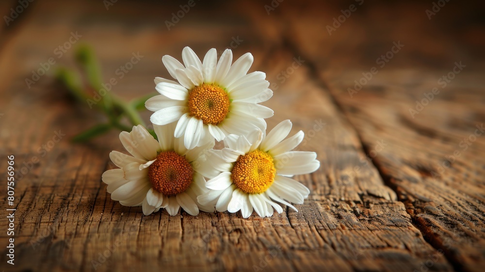 Obraz premium Three White Daisies on Wooden Surface