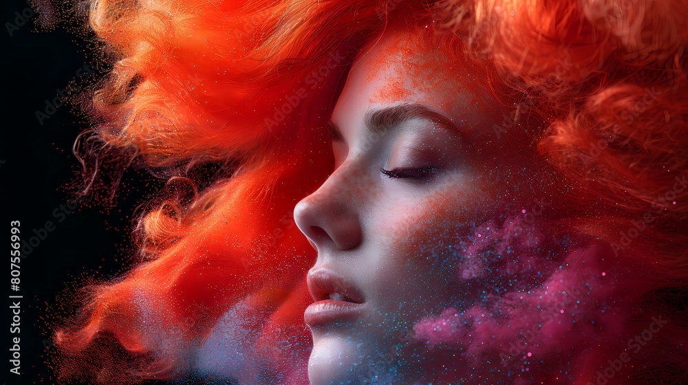 Portrait of a woman with fiery red hair and vivid surreal elements