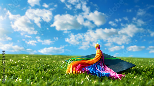 A colorful graduation cap with a rainbow tassel sits on a lush green field. Concept of accomplishment and celebration, as the cap represents the end of a significant academic journey photo