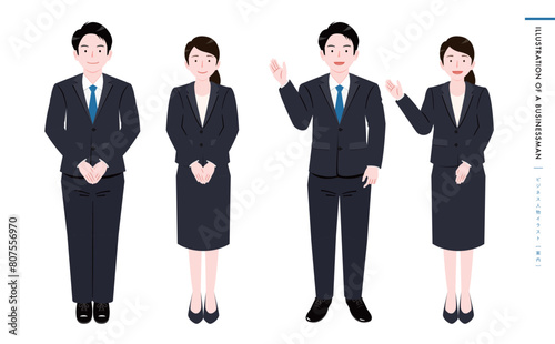 案内をするスーツを着た笑顔の男女のビジネスマン全身ベクターイラスト_男性・女性セット
