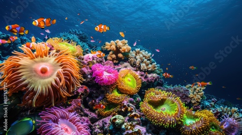 A vibrant coral reef with colorful anemones and tropical fish  showcasing the beauty of marine life in their natural habitat.