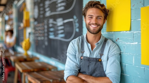 Man Standing in Front of Chalkboard With Arms Crossed photo