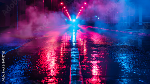 A city street with a bright blue and red light shining on the wet pavement. The lights are reflecting off the water, creating a surreal and dreamlike atmosphere photo