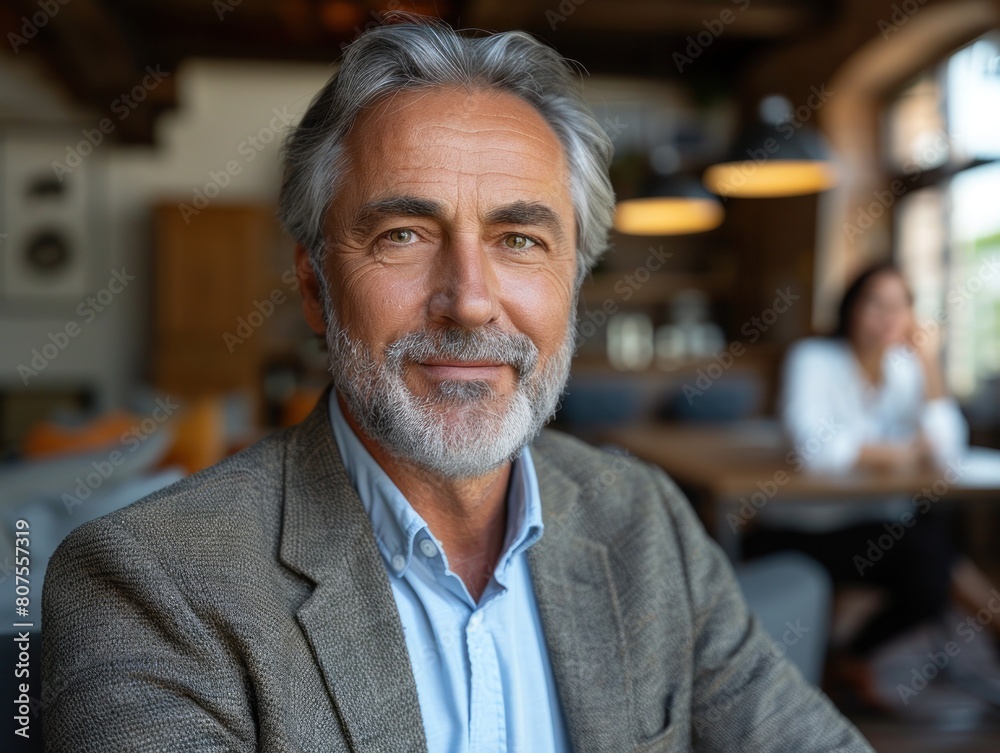 Obraz premium Grey-Haired Man With Beard Sitting at Table