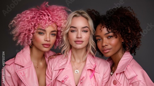 Three Women with Distinctive Pink Hair in Fashionable Light Pink Jackets