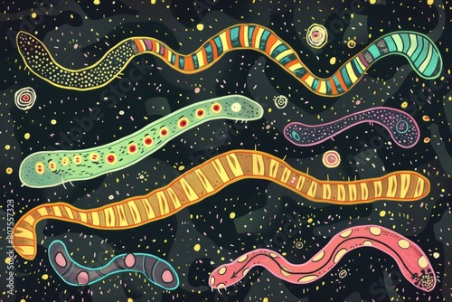 Cartoon cute doodles of microscopic nematodes wriggling through the soil, their tiny bodies adorned with bright stripes and patterns, Generative AI photo