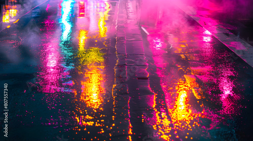 A street with neon lights reflecting on the wet pavement. The lights are in various colors  creating a vibrant and energetic atmosphere. Concept of excitement and movement