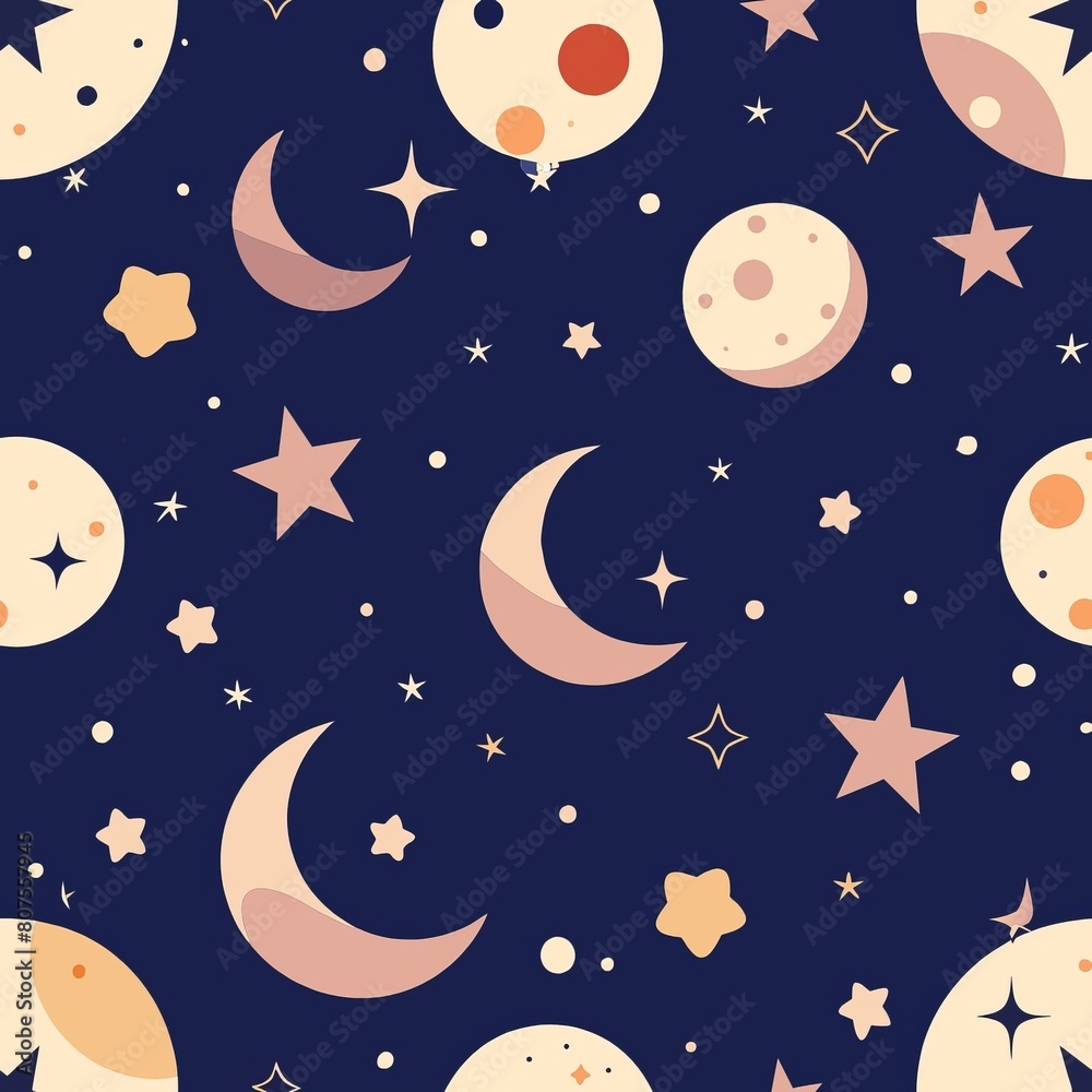 Seamless pattern of abstract celestial motifs such as stars, moons, and galaxies for a cosmic and ethereal wrapping paper, Generative AI