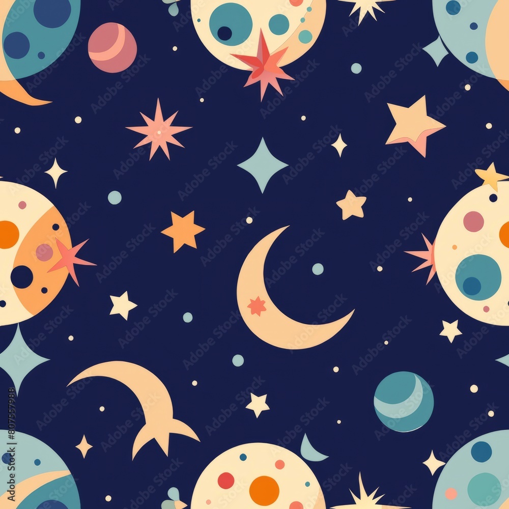 Seamless pattern of abstract celestial motifs such as stars, moons, and galaxies for a cosmic and ethereal wrapping paper, Generative AI