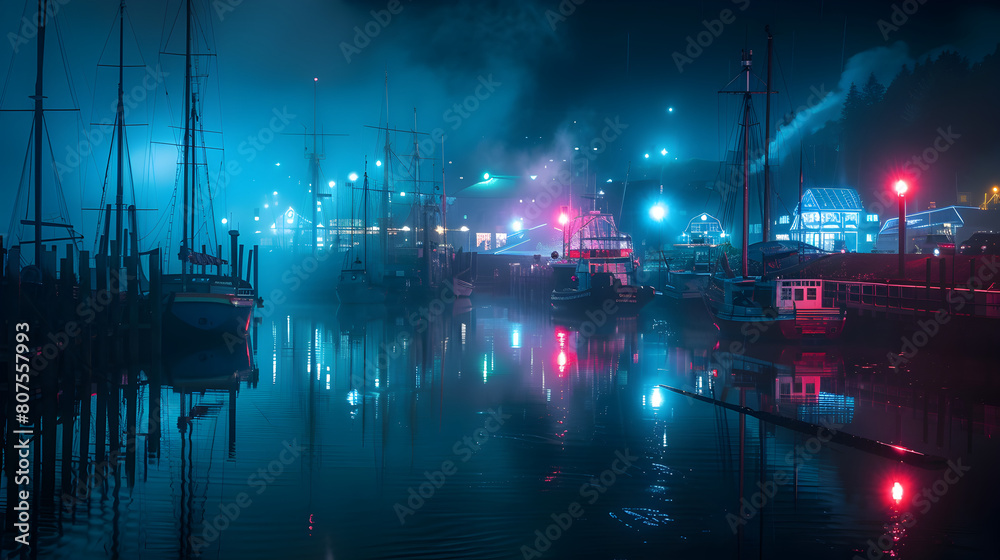A dark night with a lot of boats in the water. The water is reflecting the lights from the boats and the buildings