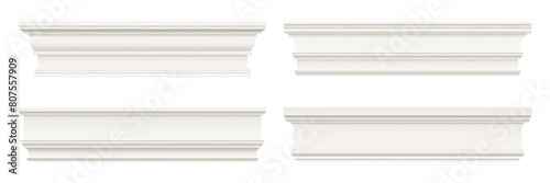 Wall skirting, trim molding and house ledge or moulding cornice, realistic vector. Interior baseboard or ceiling border panels, white skirting or trim molding board of plaster stucco with friezes photo