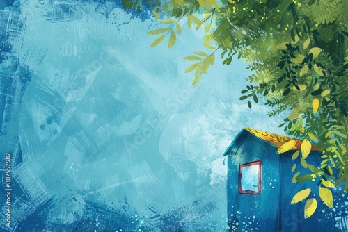 Happy Sukkot! Beautiful Sukkah Illustration for Greeting Card in Blue and Green Colors photo
