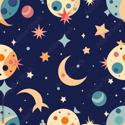 Seamless pattern of abstract celestial motifs such as stars  moons  and galaxies for a cosmic and ethereal wrapping paper  Generative AI