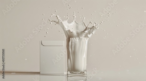 A minimalist scene with a plain milk carton  a glass next to it half-filled  and a small splash captured mid-air  against a uniform light grey background