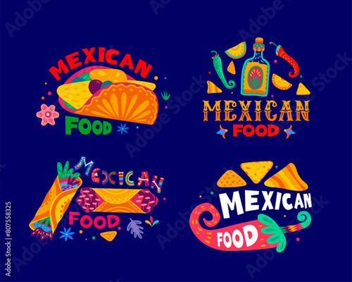 Mexican cuisine food lettering icons of Mexico Tex Mex dishes, vector menu banners. Mexican cuisine lettering for burrito and taco with nachos, tequila and chili or jalapeno peppers in floral ornament