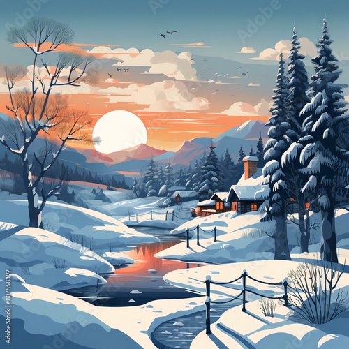 A charming winter landscape at sunset, featuring snow-covered trees and a cozy cabin nestled in the valley, surrounded by majestic mountains.