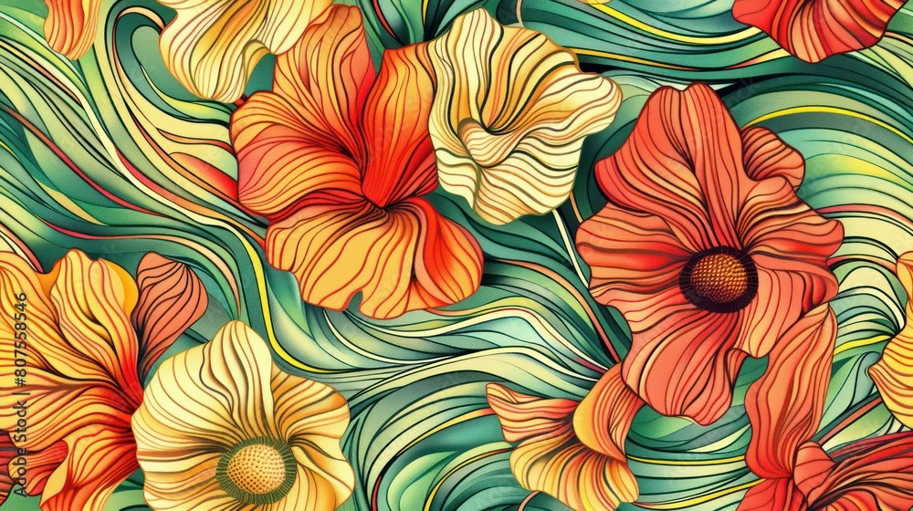 An abstract pattern of flowers inspired by the works of Art Nouveau, with flowing lines and vibrant colors., An abstract pattern of flowers inspired by the works of Art Nouveau, with flowing lines and vibrant colors.,