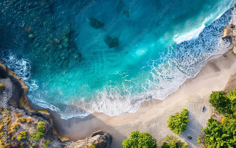 Relaxing aerial beach, summer vacation tropical Mediterranean landscape banner. Waves surfing in beautiful blue ocean lagoon