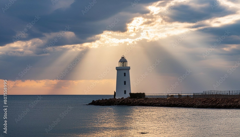 Summer seascape with the image of the lighthouse during sunset and rays filtering through clouds