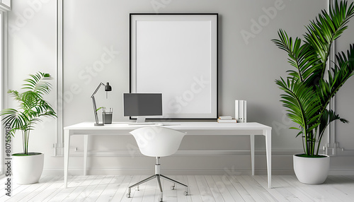 office environment with a white frame mockup  infusing the workspace with elegance and professionalism