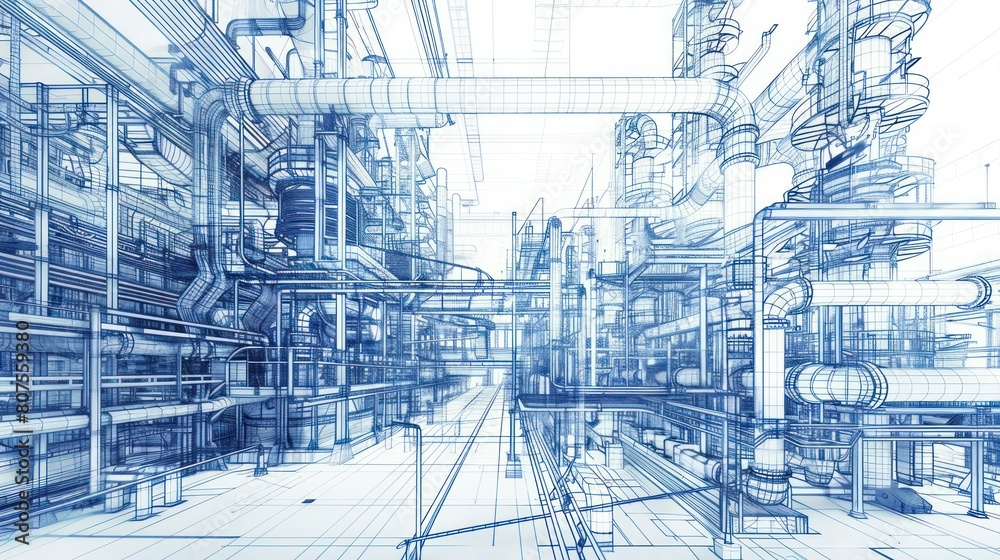 An intricate blueprint-style rendering of a power plant's intricate network of pipes, wires, and machinery, showcasing its engineering complexity. An intricate blueprint-style rendering of a power plant's intricate network of pipes, wires, and machinery, showcasing its engineering complexity.