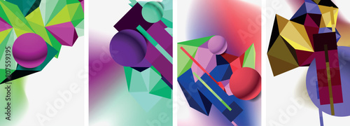 A vibrant display of geometric shapes in shades of purple, magenta, and electric blue on a clean white background. This artful collage is a visual feast for any event in the realm of visual arts