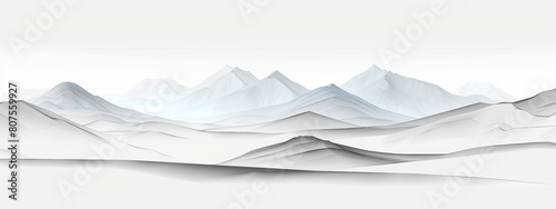 A clean white background with a minimalist line drawing of mountains in the distance.