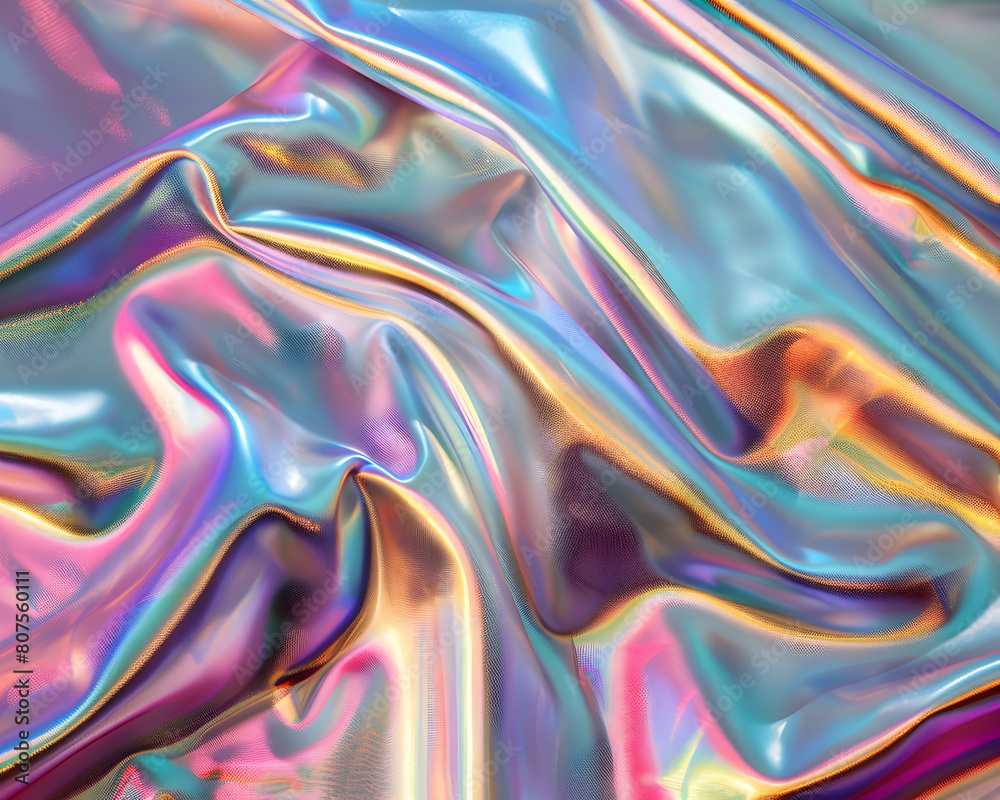 A piece of fabric with a rainbow pattern. The colors are bright and vibrant, creating a sense of energy and excitement. The fabric appears to be made of a shiny, reflective material A piece of fabric with a rainbow pattern. The colors are bright and vibrant, creating a sense of energy and excitement. The fabric appears to be made of a shiny, reflective material
