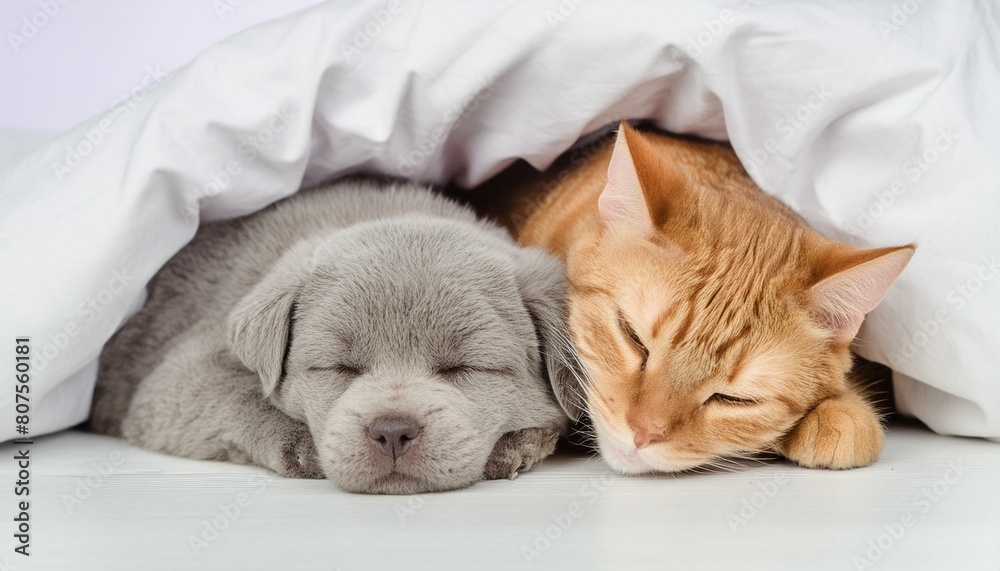 Cat and dog sleeping. Puppy and kitten sleep