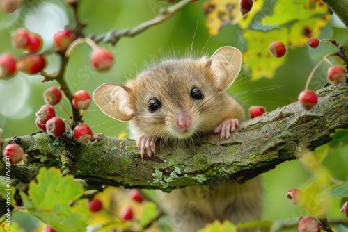 Close-up of a Hazel Dormouse Climbing a Tree. Wildlife Photography of a Cute Mammal Nut Thief