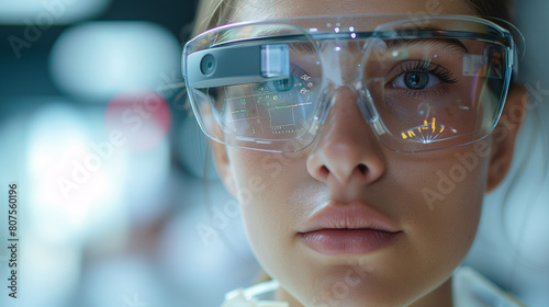 Close-up of a woman wearing transparent smart glasses with a futuristic interface.