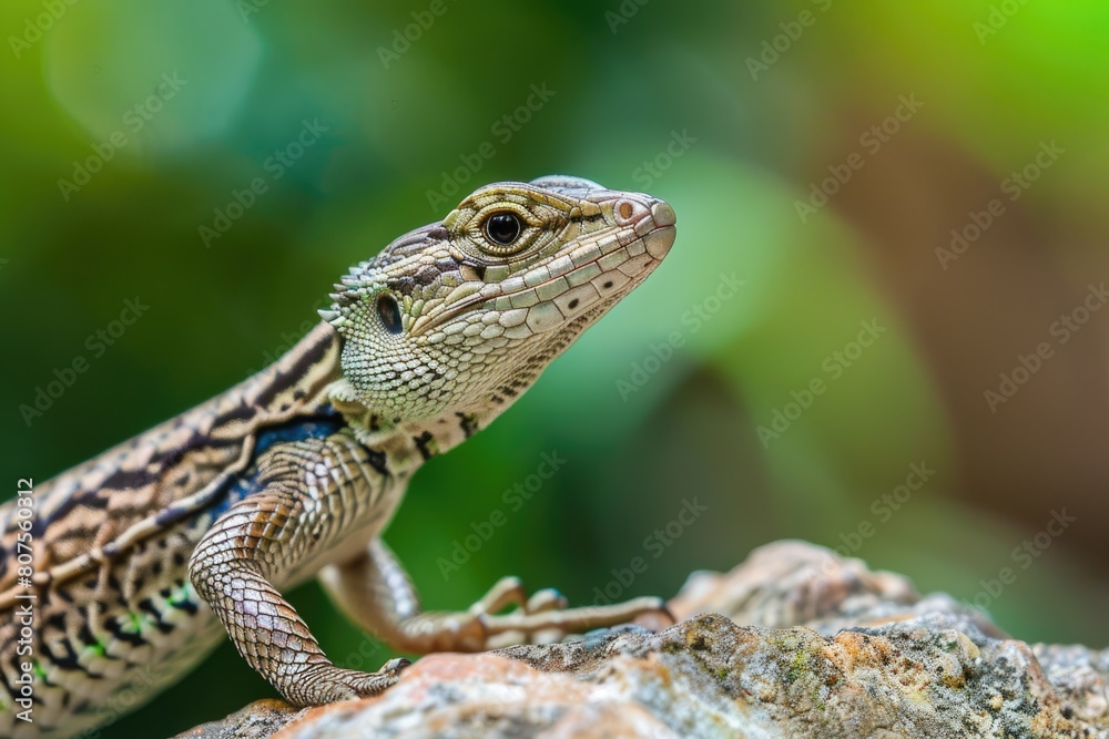 Close-up of Asian Grass Lizard's Green Eye on Rock in the Wild. Macro View of Reptile Wildlife Close-up of Asian Grass Lizard's Green Eye on Rock in the Wild. Macro View of Reptile Wildlife