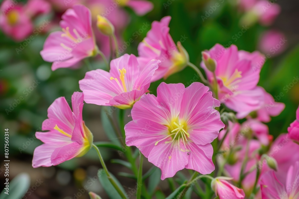 Close up of Pink Evening Primrose Flowers (Oenothera Speciosa). A Beautiful Wildflower Ground Cover