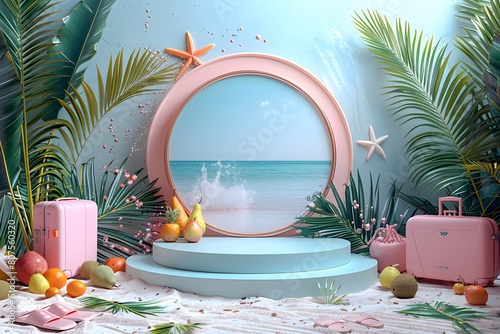 Empty stylish beach podium 3D mockup background for beauty product presentation concept. Summer copy space platform surrounded by palm leaves . Cosmetics, perfume or home goods sales advertising stand