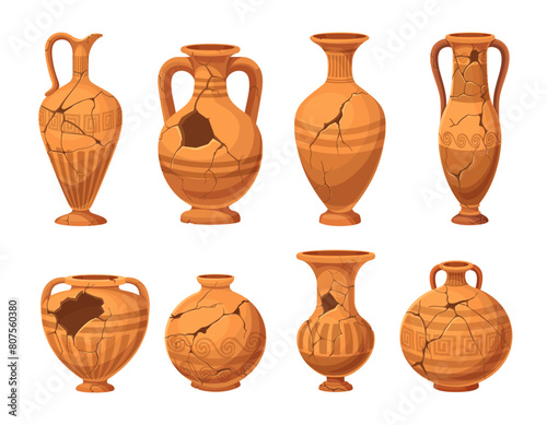 Ancient broken vases and pottery. Old ceramic cracked pots or jugs. Isolated vector set of shattered fragments of historical crockery, past civilization cultural heritage and archaeologists artefacts