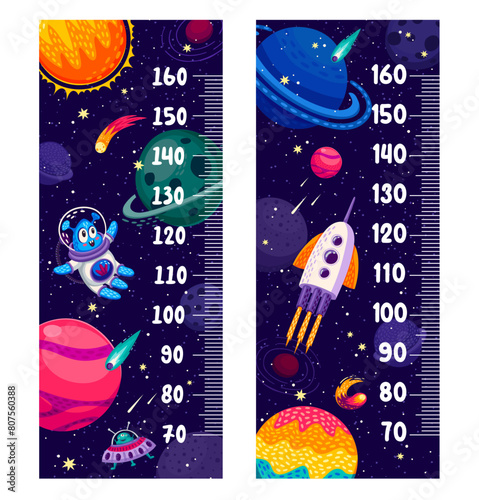 Kids height measure chart with space planets and galaxy rockets, vector cartoon ruler. Baby growth tall measure chart with funny Martian spaceman, alien UFO or spaceship rockets on galaxy background