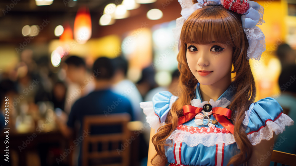 Fototapeta premium Japanese Maid Café. A smiling maid cafe waitress poses in her traditional costume, against a backdrop of colorful lanterns.
