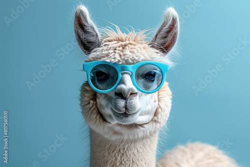 A photograph of an alpaca wearing blue sunglasses. Created with Ai