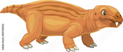 Cartoon lystrosaurus dinosaur character. Isolated vector prehistoric dino animal  stubby  herbivorous reptile from the early Triassic period  distinguished by its beak-like snout and tusks