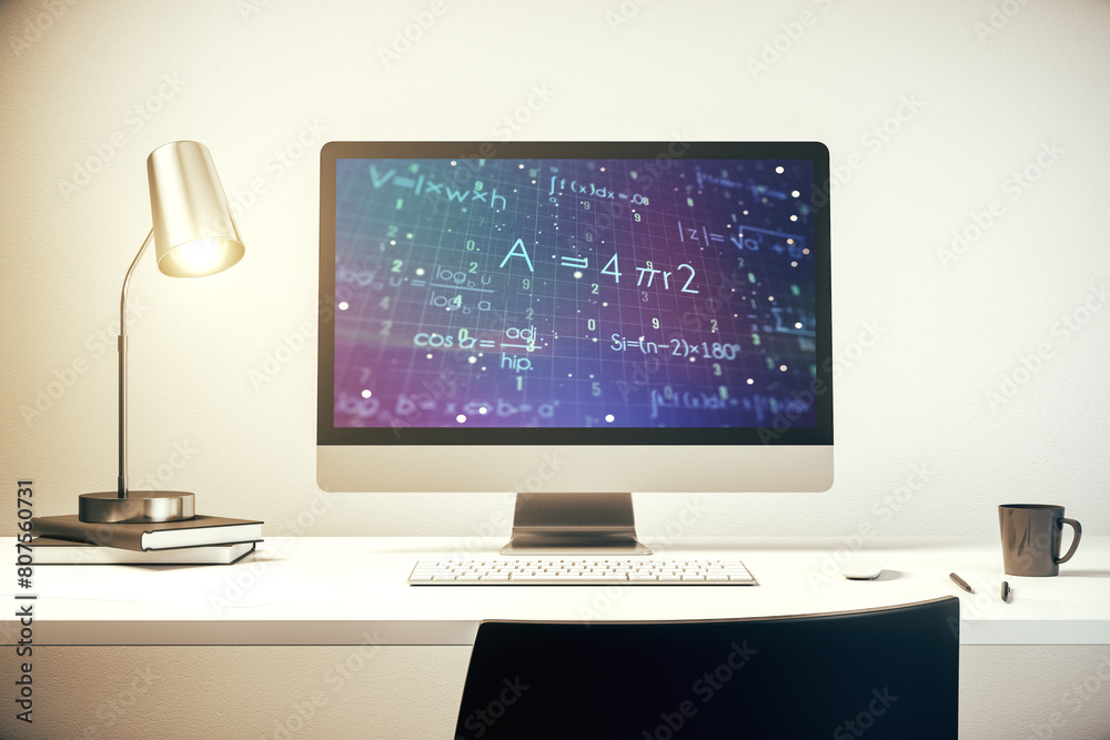 Modern computer monitor with creative scientific formula concept, research and development concept. 3D Rendering Modern computer monitor with creative scientific formula concept, research and development concept. 3D Rendering