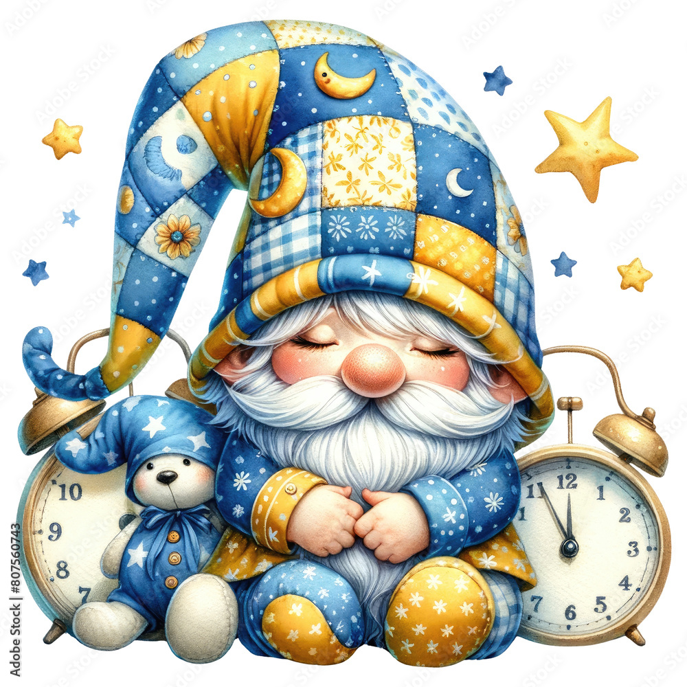 A cute cartoon gnome is sleeping with a teddy bear and a clock. The background is transparent. The image is suitable for use as a sticker or a decoration.