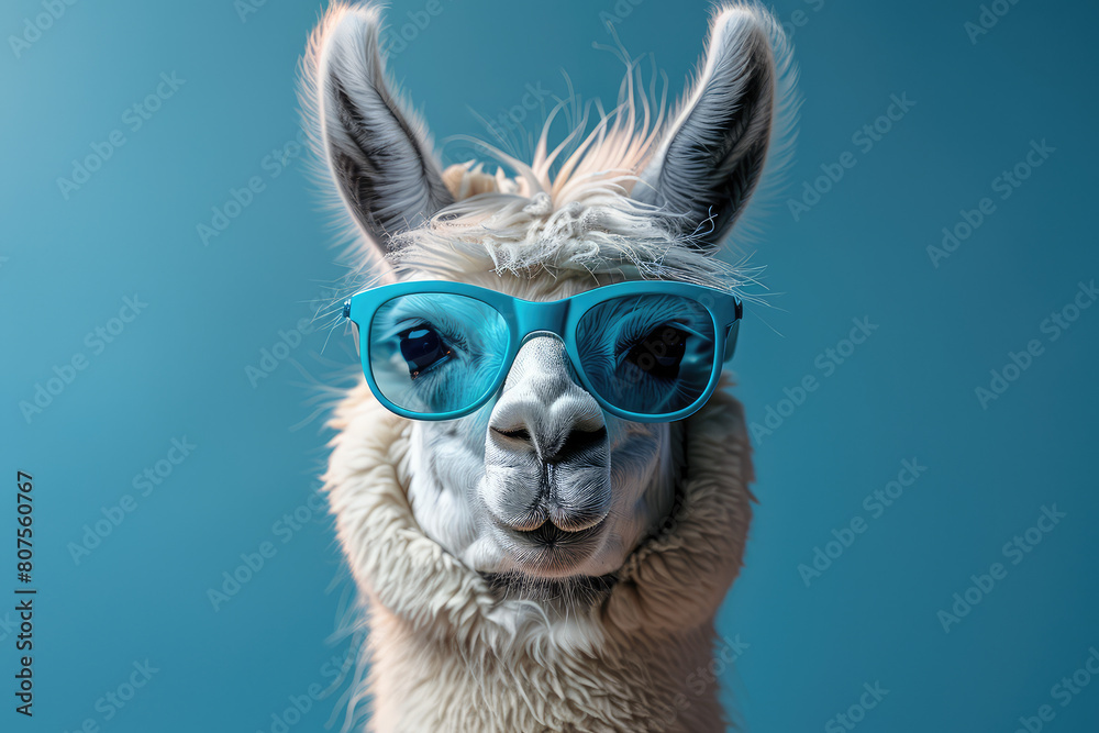  portrait of an alpaca wearing blue glasses with a solid color background. Created with AI