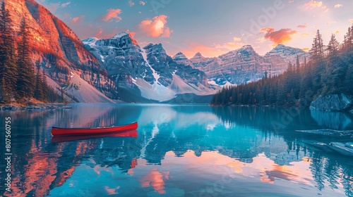 A canoe sits calmly in a lake, photo