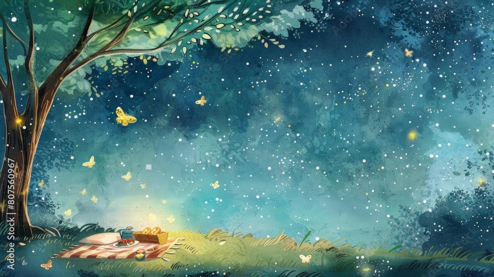 starlit picnic under a large tree with a yellow fish in the foreground starlit picnic under a large tree with a yellow fish in the foreground