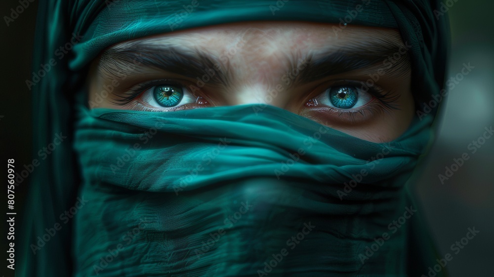 A beautiful young man wearing an emerald green hijab covering his face, his eyes shining blue and turquoise with long eyelashes. A beautiful young man wearing an emerald green hijab covering his face, his eyes shining blue and turquoise with long eyelashes.