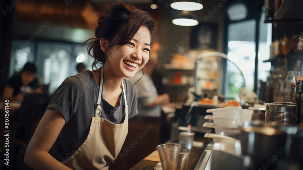 Barista Smiling at Work in Trendy Cafe. Friendly barista with an infectious smile serves customers in the bustling environment of a trendy urban coffee shop.