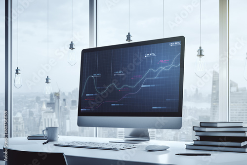 Stats data illustration on modern laptop monitor, computing and analytics concept. 3D Rendering photo